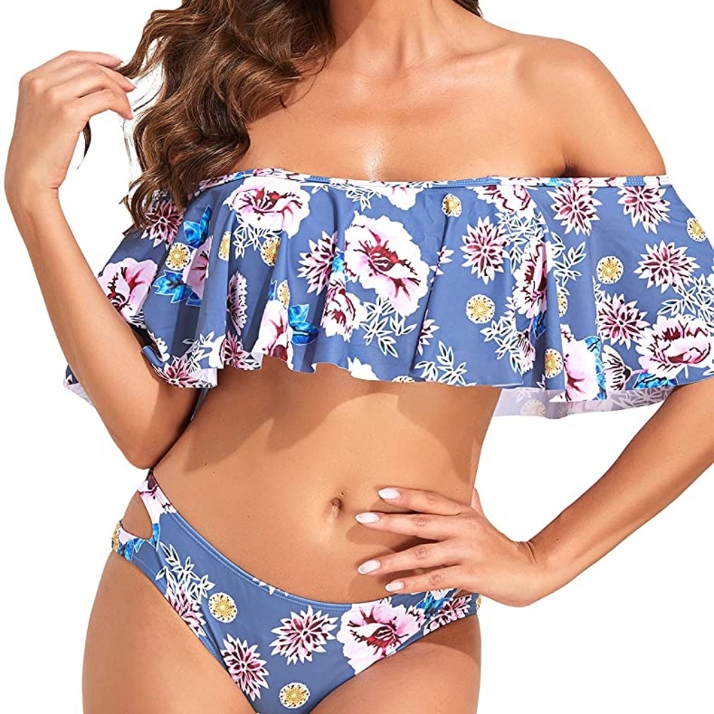 🆕️Bikini Off The Shoulder Swimsuits Flounce Top Hipster Bottom 2 Piece